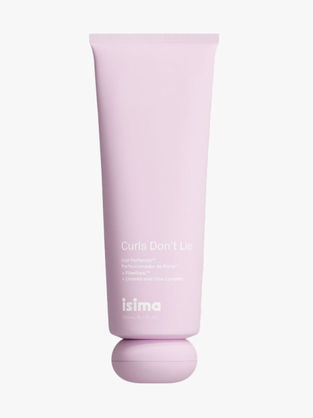 Light purple bottle of isima Curls Don't Lie Curl Perfecting Cream on light gray background