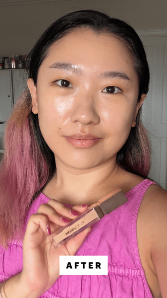Han after applying the Patrick Ta Major Skin Soft Blur Brightening Concealer