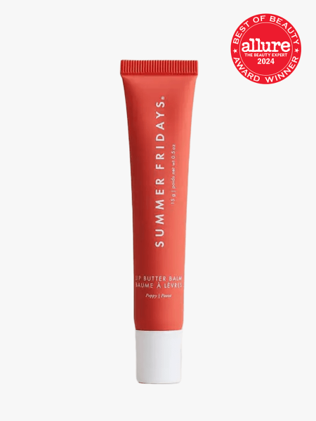 Summer Fridays Lip Butter Balm in branded tube component on a light gray background with the 2024 best of beauty seal in the top right corner