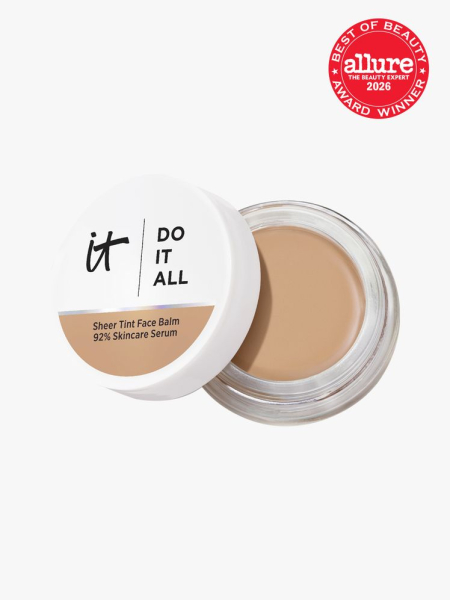 It Cosmetics Do It All Sheer Tint Face Balm jar of balm skin tint with lid ajar on light gray background with red Allure Best of Beauty seal in the top right corner