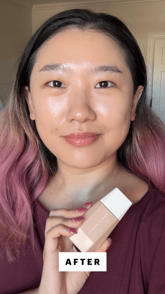 Han after applying the Fenty Beauty Eaze Drop Blurring Skin Tin