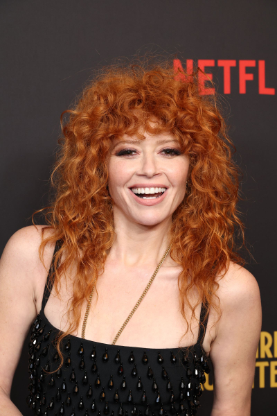 Natasha Lyonne with curly bangs at a 2024 Netflix movie premiere.